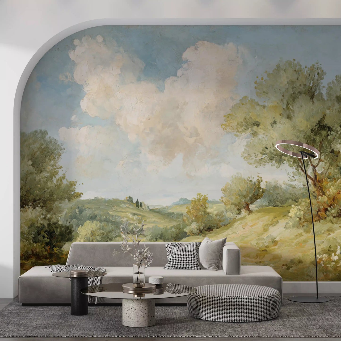Pastoral painted wall mural with two large trees framing rolling hills., GD10024