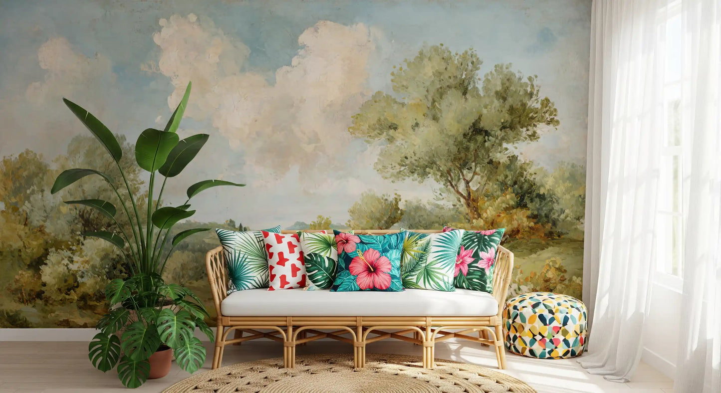 Painted vista mural with hills and clouds styled in minimalist hallway., GD10024