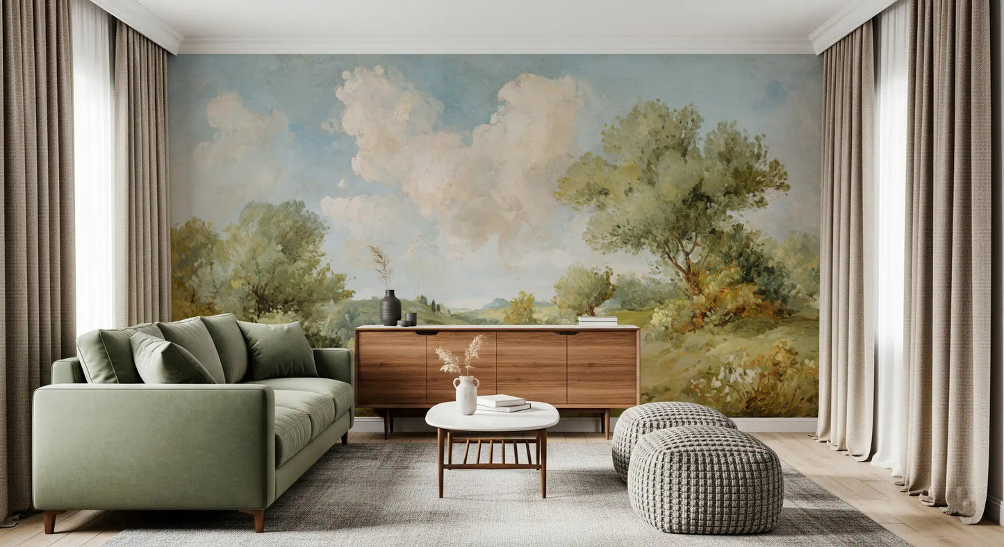 Painted vista wall mural with rolling green hills and cloudy blue sky., GD10024