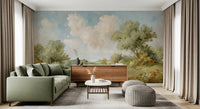 Painted vista wall mural with rolling green hills and cloudy blue sky., GD10024