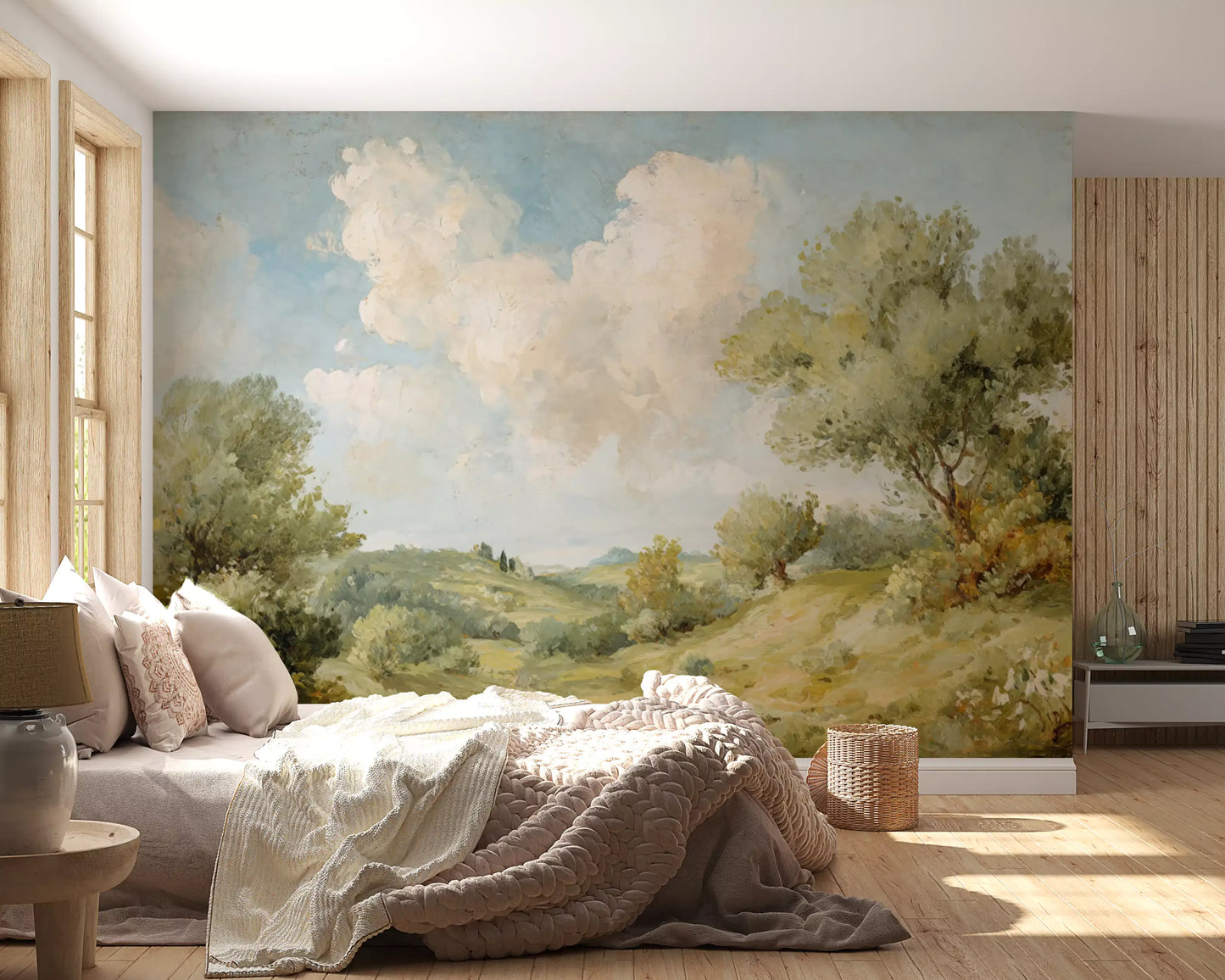 Landscape wall mural with painted blue sky white clouds and green countryside., GD10024