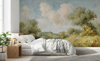 Countryside landscape mural with painted clouds and distant green valley., GD10024