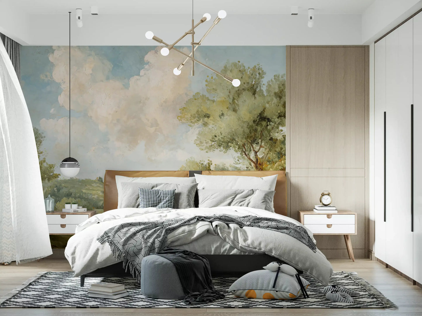 Painted hills wall mural with sage and olive trees against soft pastel sky in bedroom., GD10024