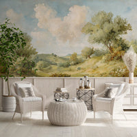 Landscape mural showing painted countryside with large framing trees and wildflowers., GD10024