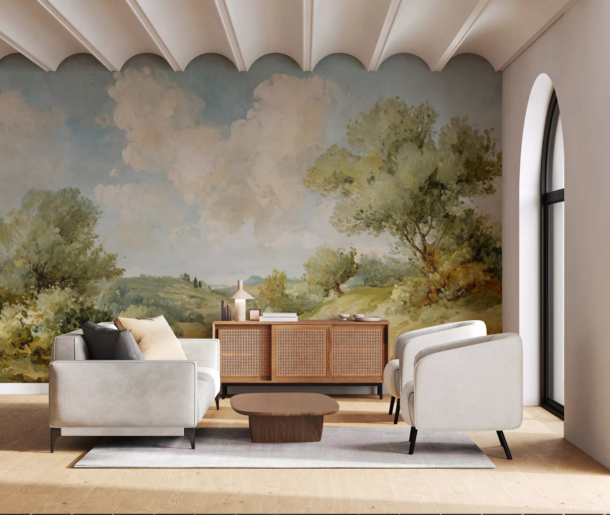 Painted countryside mural with cream beige and sage tones in living area., GD10024