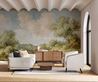 Painted countryside mural with cream beige and sage tones in living area., GD10024