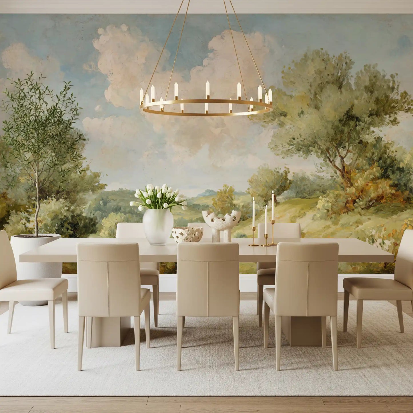 Oil painting style wall mural with rolling hills meadows and cumulus clouds in dining room, GD10024