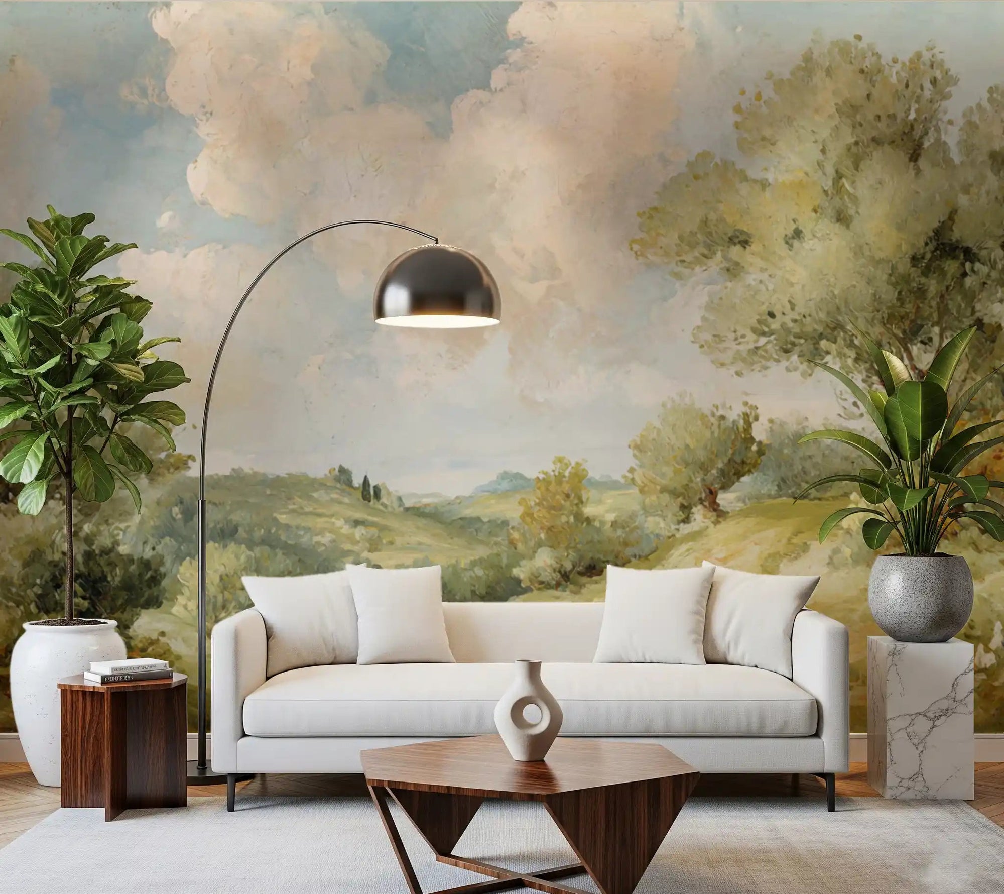 Vintage painted landscape mural for a living room with horizontal countryside vista., GD10024