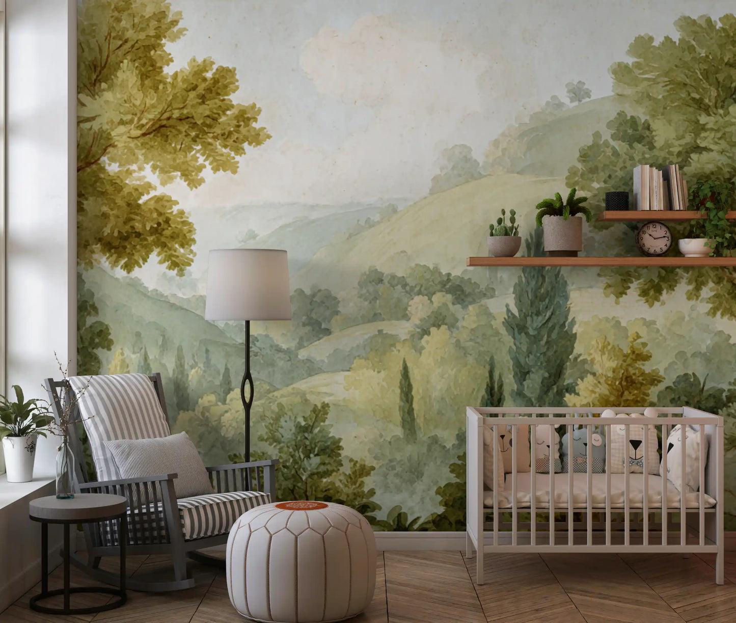 Painted countryside wall mural with green foliage and pale sky scene.