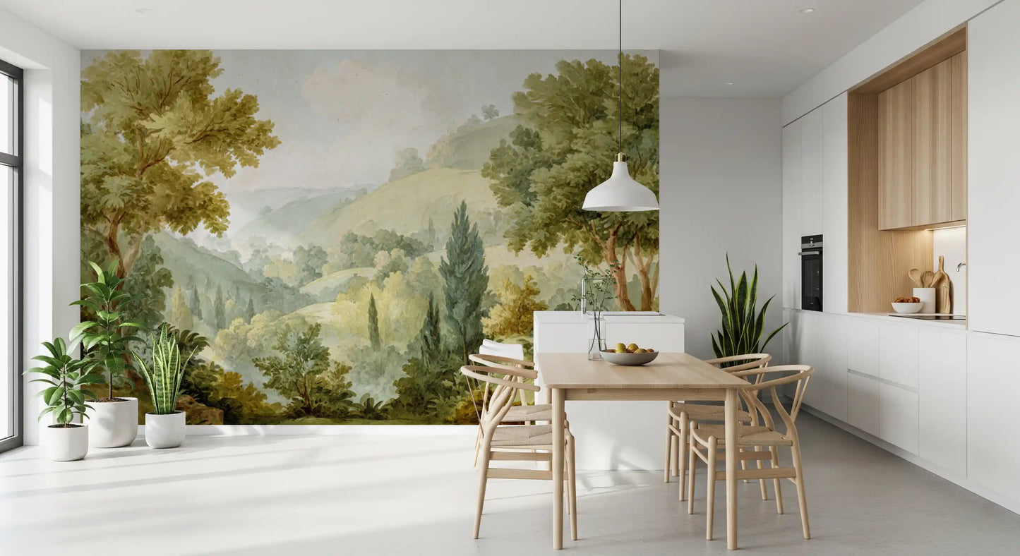 Cypress and tree wall mural with rolling green slopes and cloudy sky in dining room.