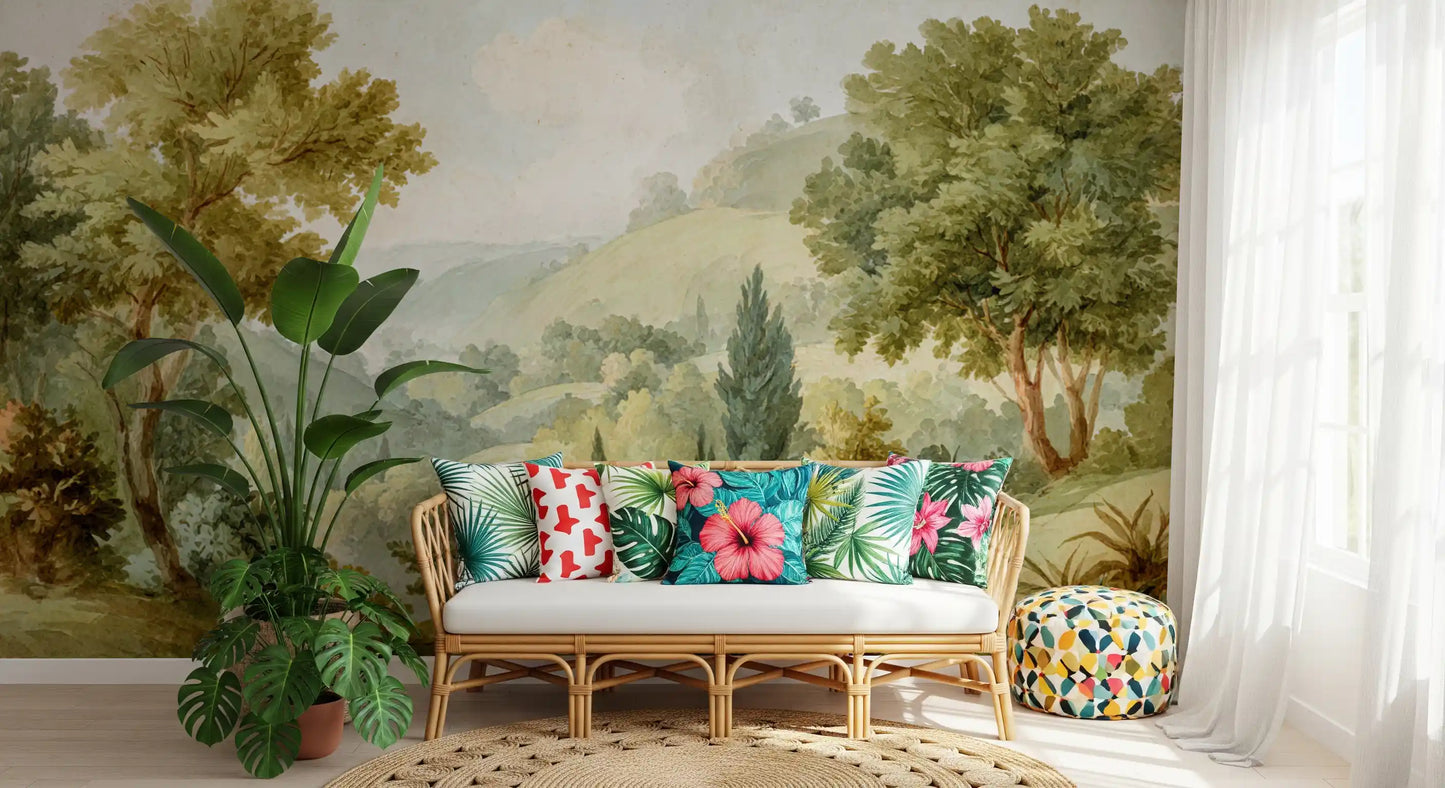 Vintage landscape mural with olive green hills and painterly brushwork.