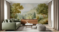 Watercolor valley wall mural with shrubs and distant misty hills.