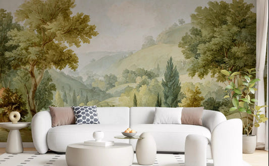 Green nature wall mural for living room with valley and tree scene.
