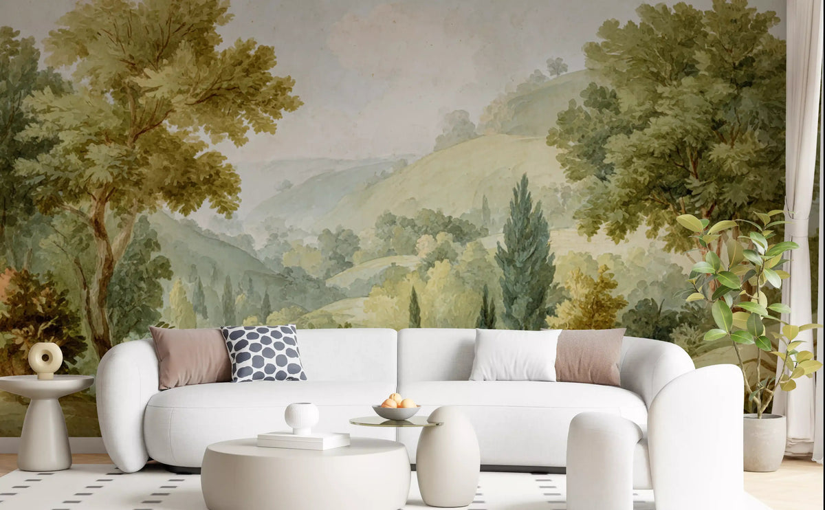 Green nature wall mural for living room with valley and tree scene., GD10025