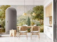 Painted valley landscape mural for dining room with green trees.