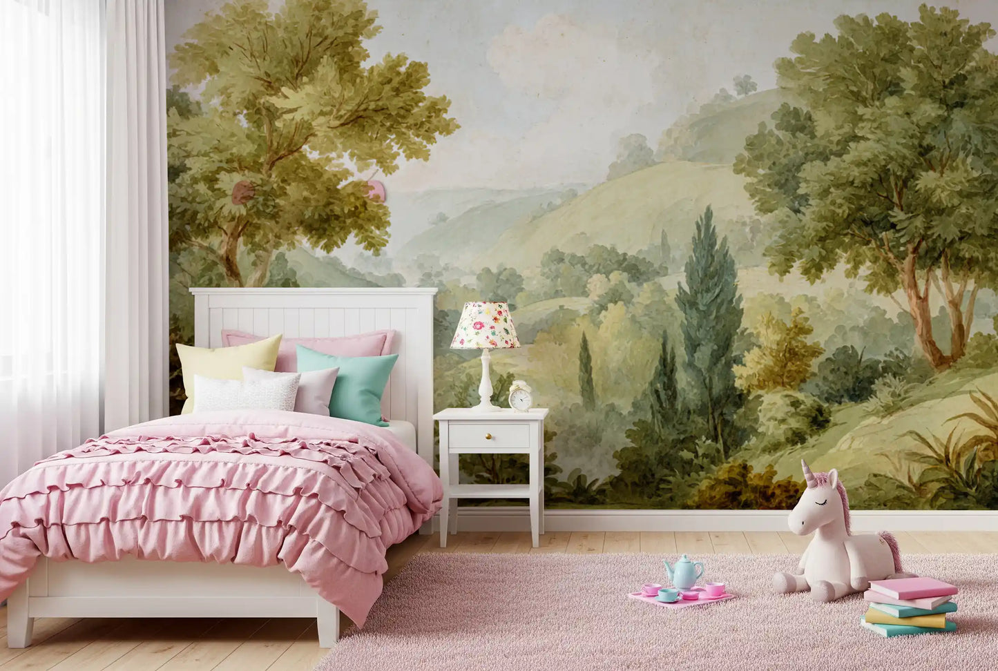 Valley Vista wall mural with painted rolling hills and sage green trees.