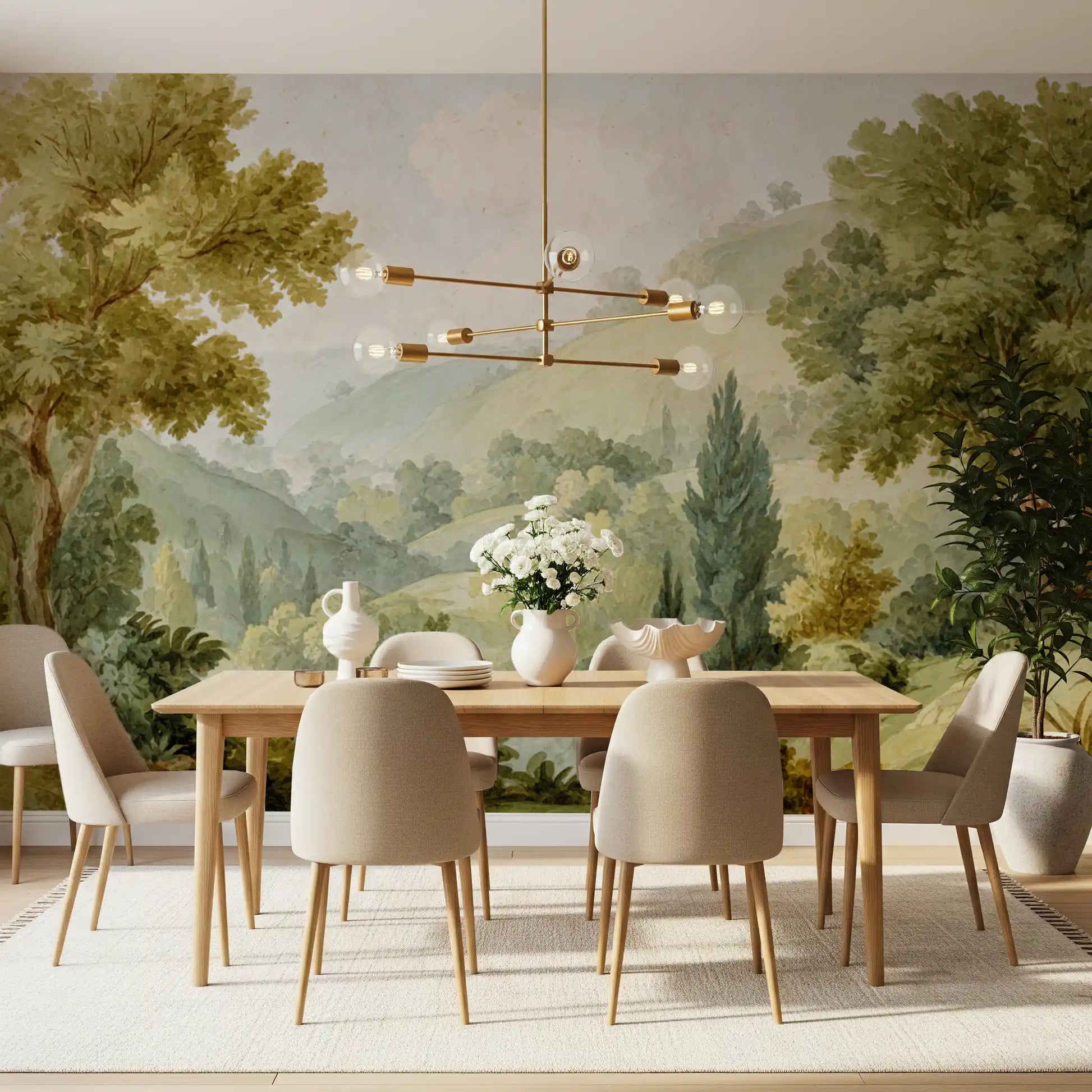 Watercolor landscape mural showing a misty valley and cypress trees in dining room.