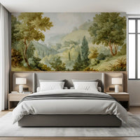 Painted hillside wall mural with warm brown trunks and sage foliage.
