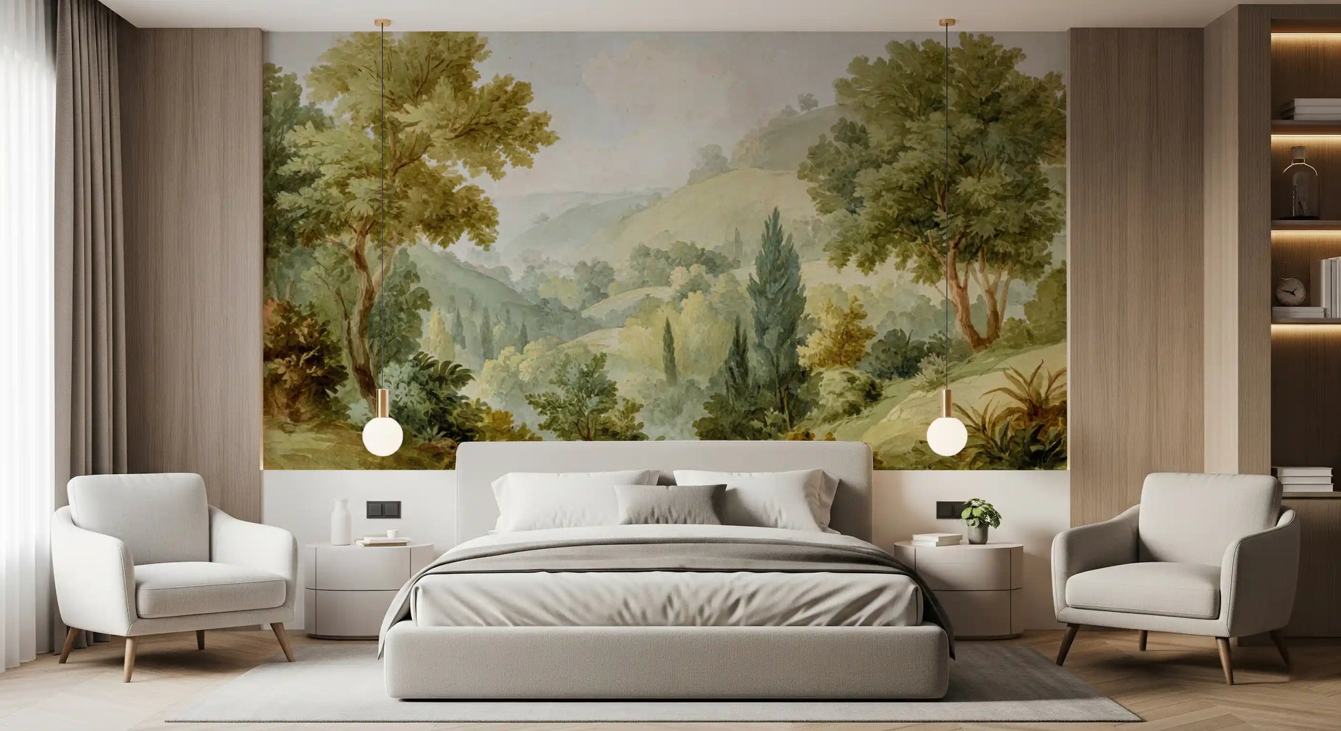 Sage green tree wall mural with framed valley and soft hilltop view in bedroom.