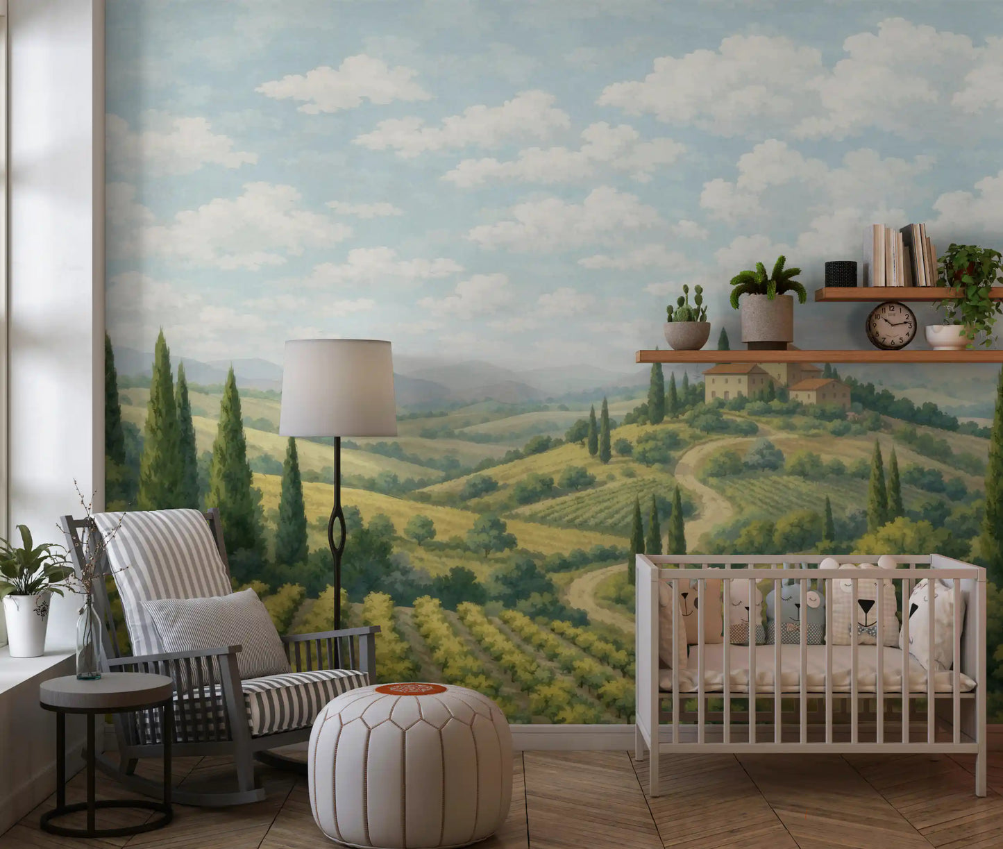 Rolling hills mural showing rows of grape vines and olive trees.