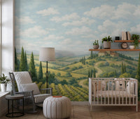 Rolling hills mural showing rows of grape vines and olive trees.