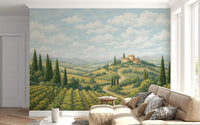 Cloudy sky wall mural with hillside villa and tree-lined country pathway.
