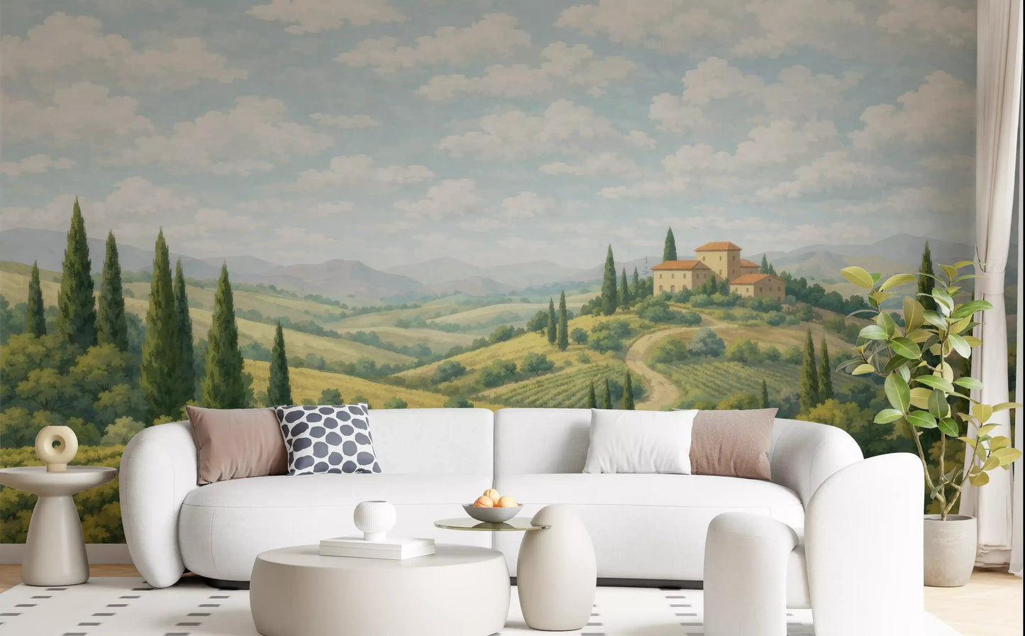 Living room vineyard wall mural in muted green and beige tones.