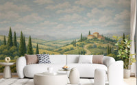 Living room vineyard wall mural in muted green and beige tones.