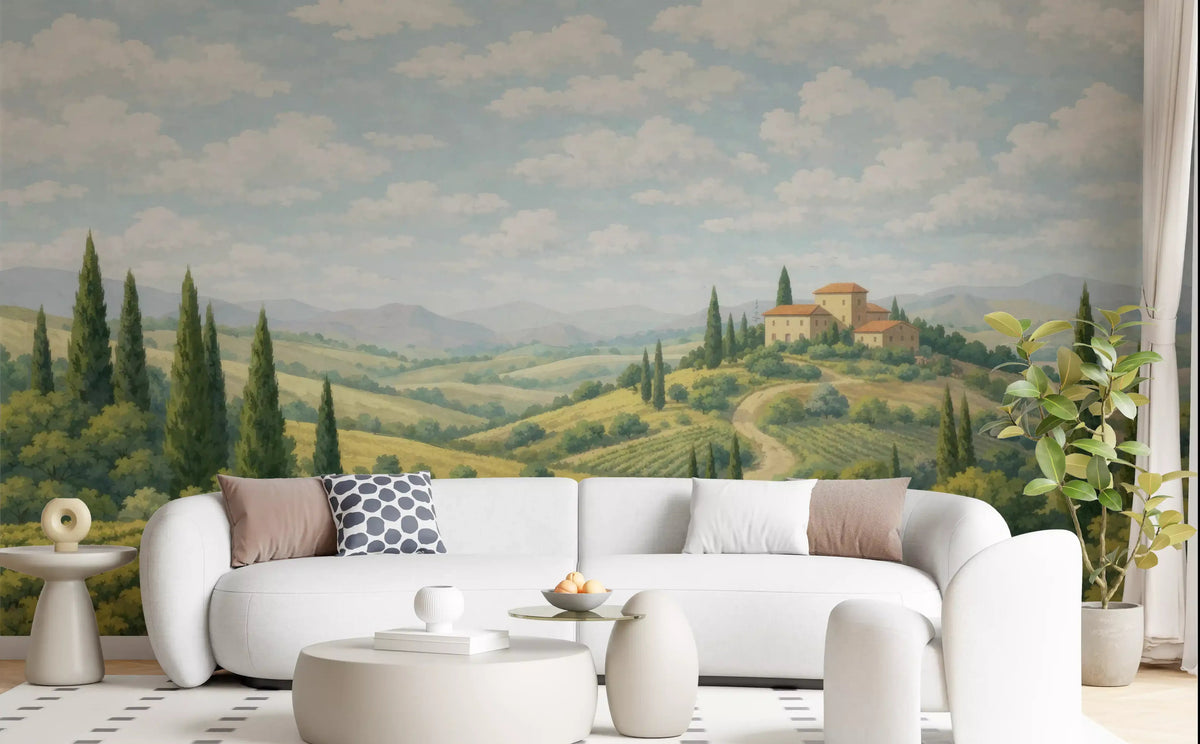 Living room vineyard wall mural in muted green and beige tones., GD10026