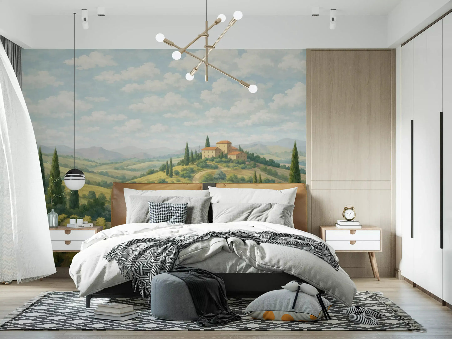 Artistic vineyard wall mural with green foliage and cloudy blue sky.