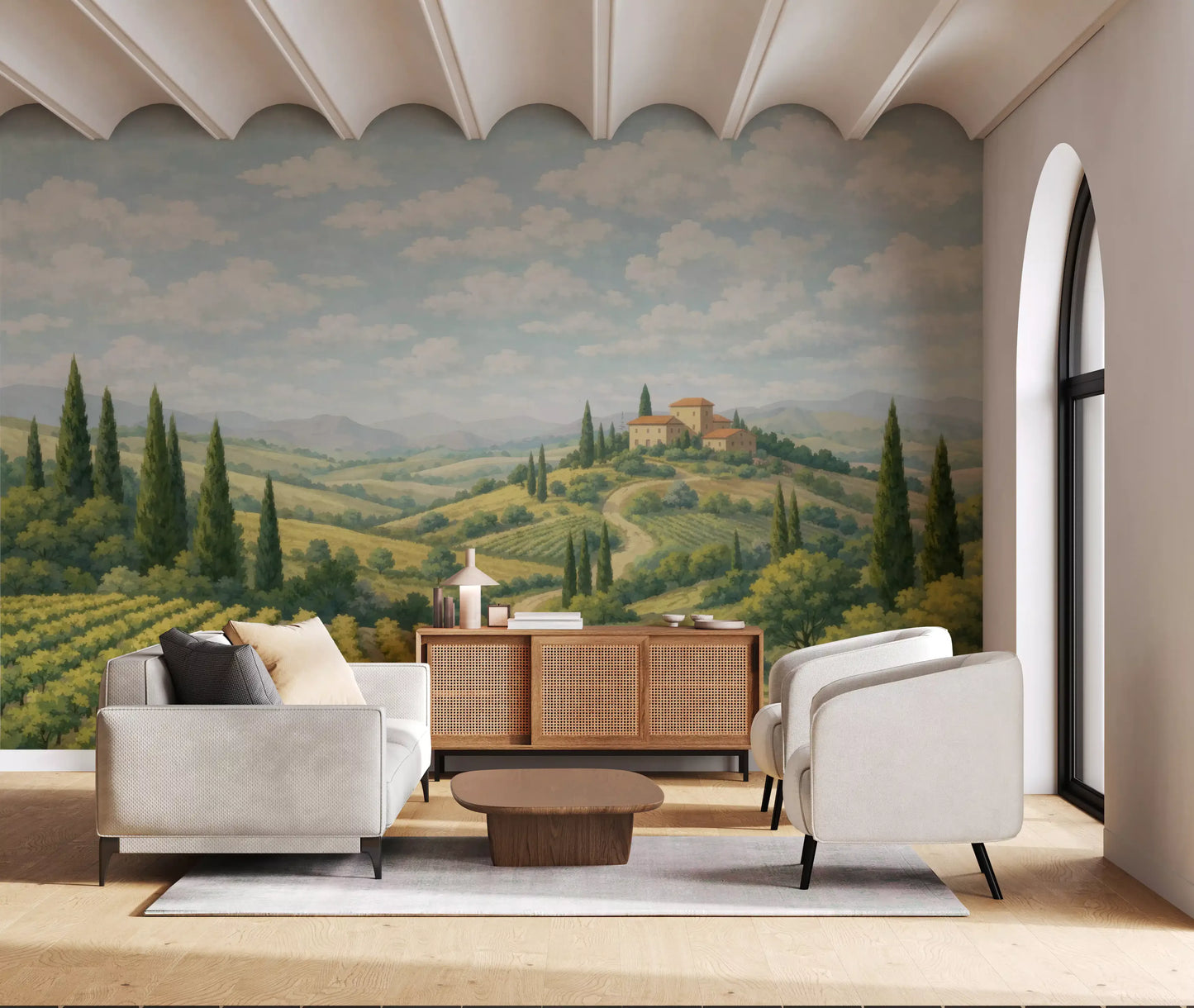Scenic hillside mural with rows of vines and a rural farmhouse villa.