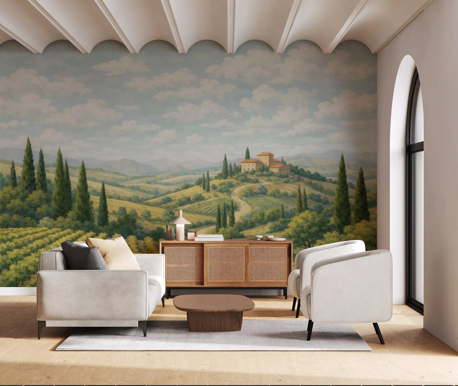 Scenic hillside mural with rows of vines and a rural farmhouse villa.