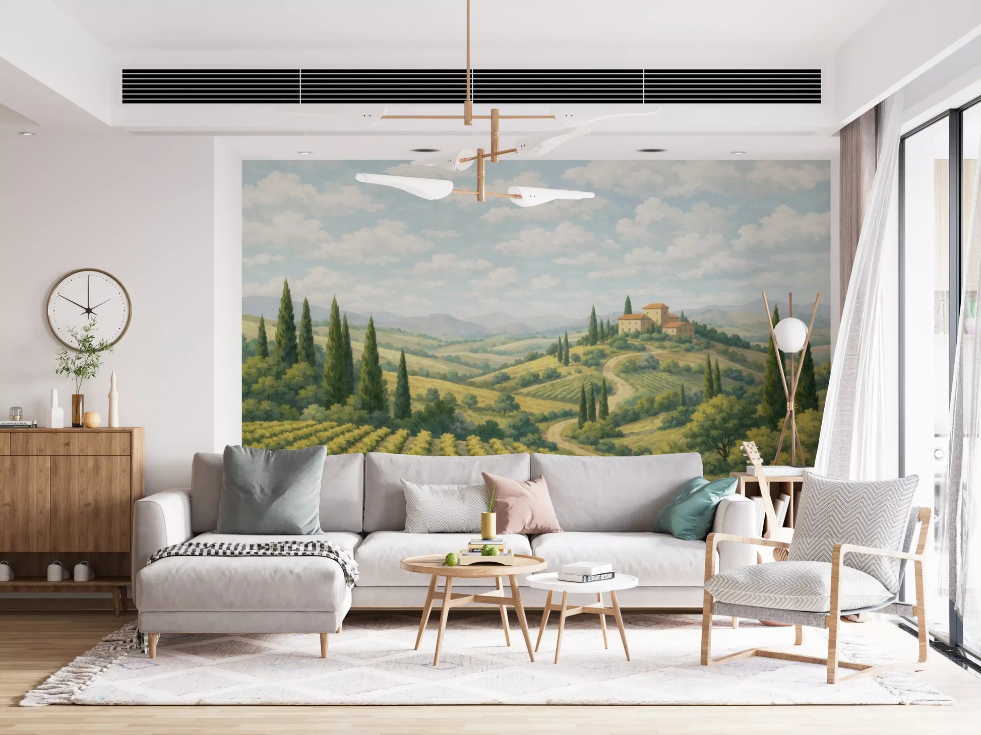 Hillside villa wall mural with terracotta rooftop and tall cypress trees.