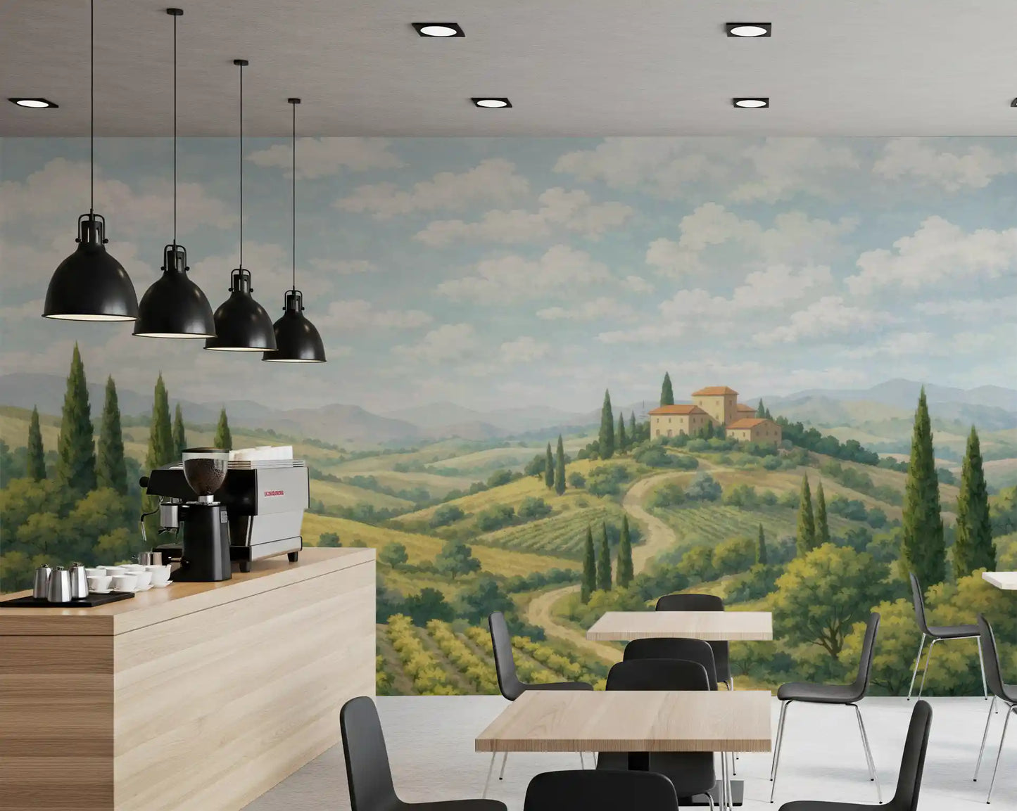 Cafe area landscape mural with cypress trees and rolling vineyards.