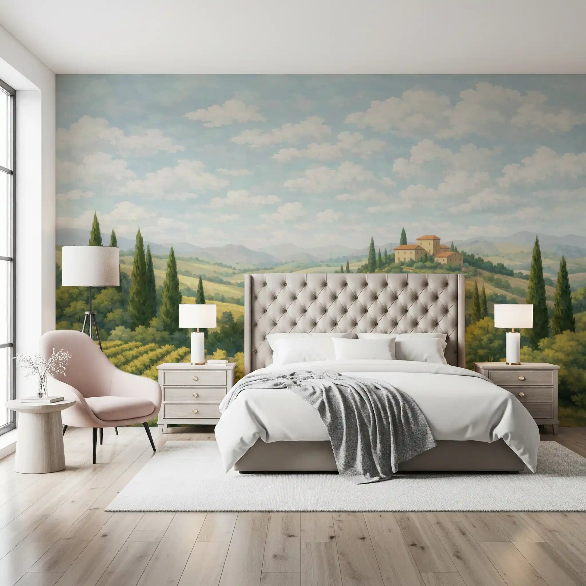 Countryside vineyard mural featuring a winding pathway and cloudy sky in bedroom.