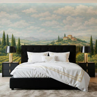 Vineyard landscape wall mural with cypress trees and hillside villa in bedroom.