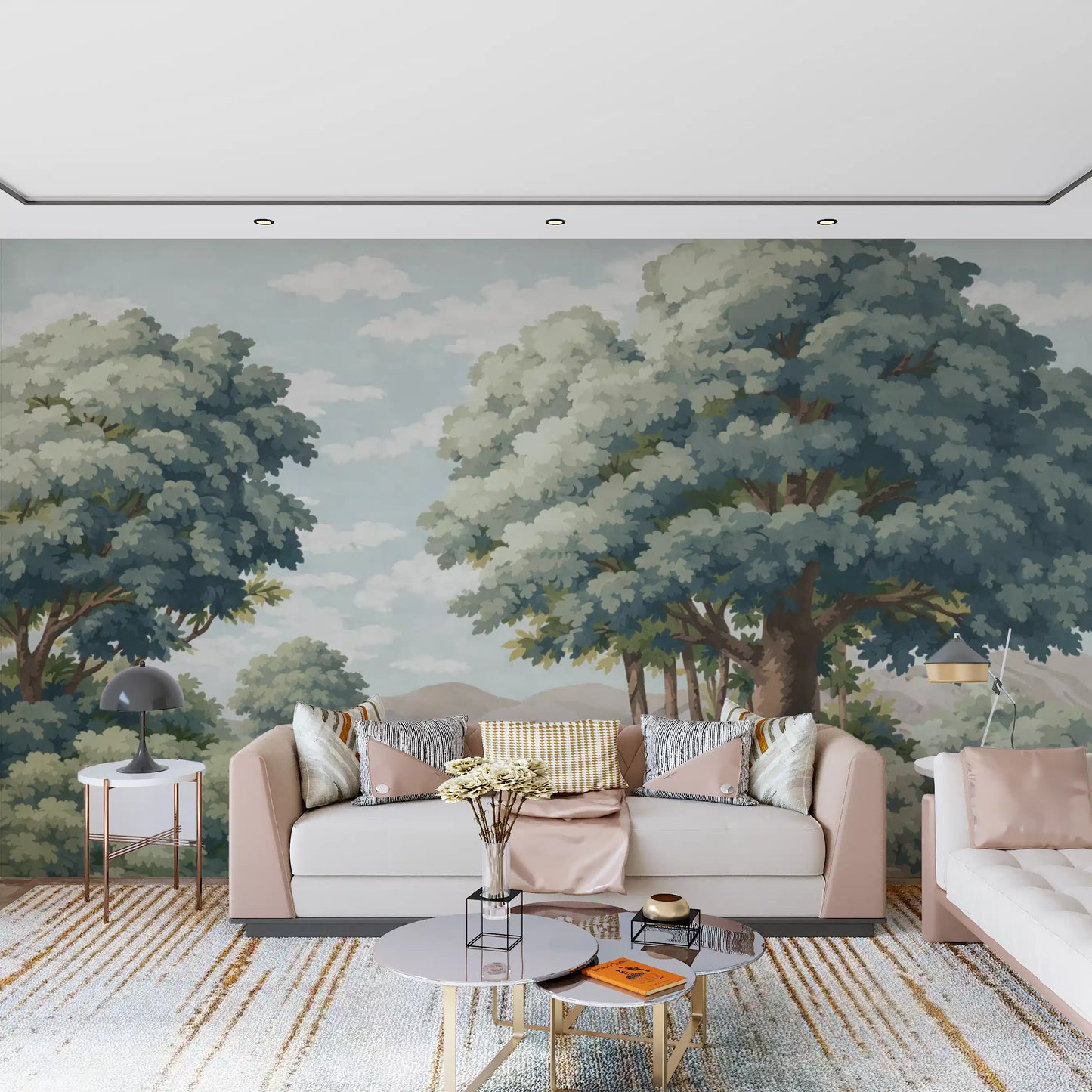 Lake and mountain wall mural with sky clouds and tree in living room.