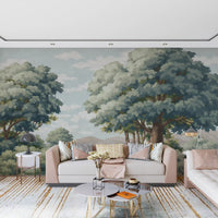 Lake and mountain wall mural with sky clouds and tree in living room.
