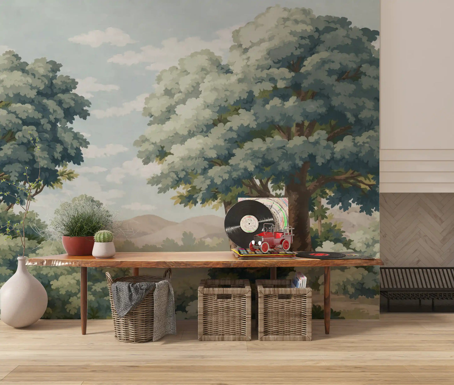 Scenic lake landscape mural in a hallway setting.