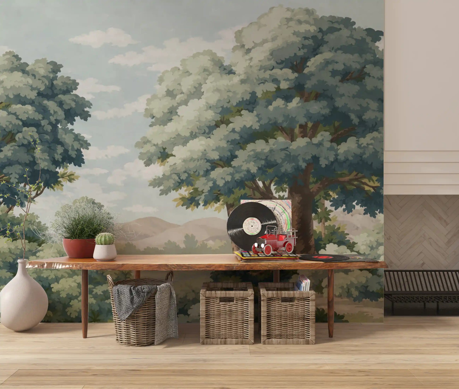 Scenic lake landscape mural in a hallway setting.