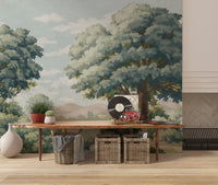 Scenic lake landscape mural in a hallway setting.