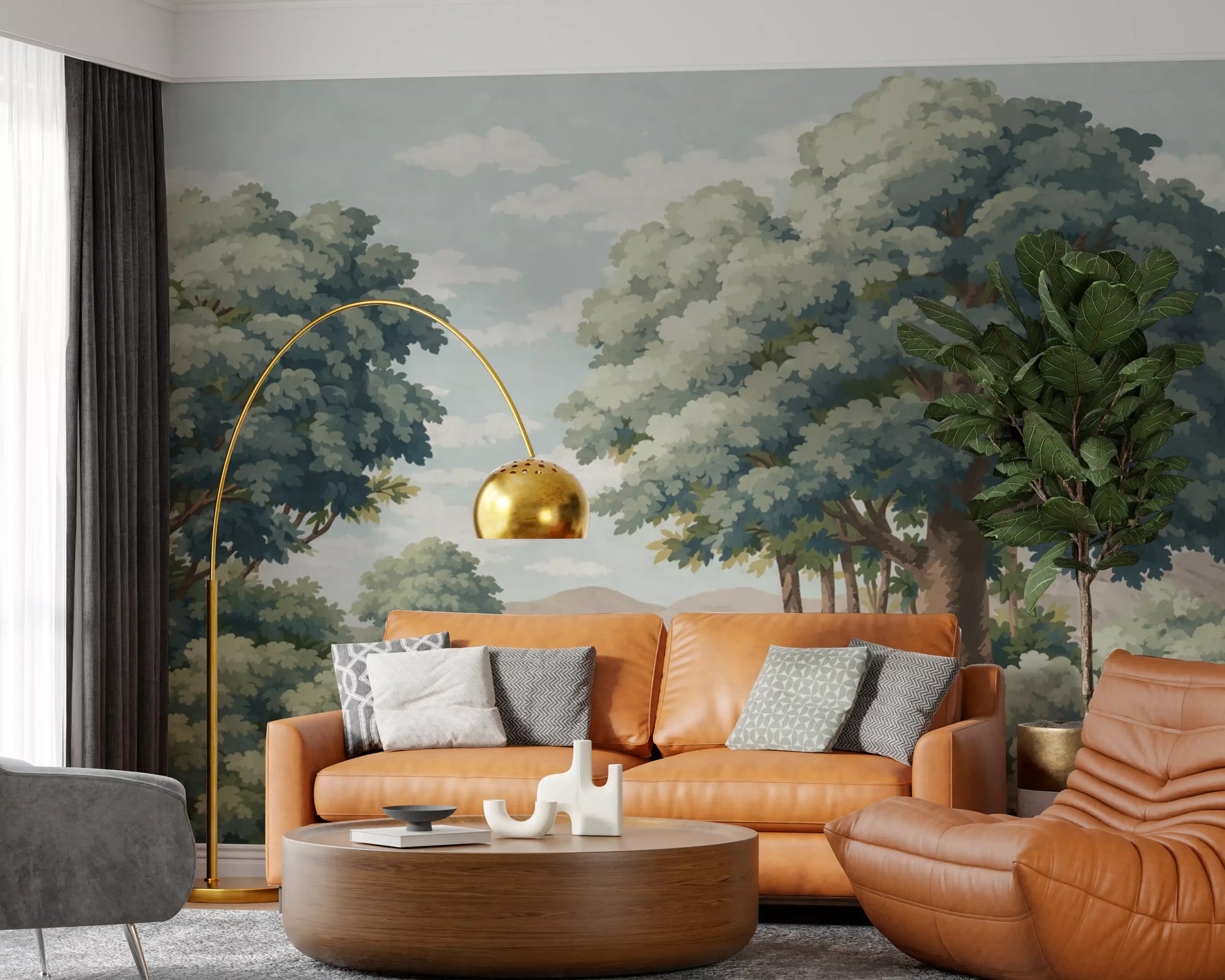 Verdant Horizon mural design in a living space with landscape nature view.