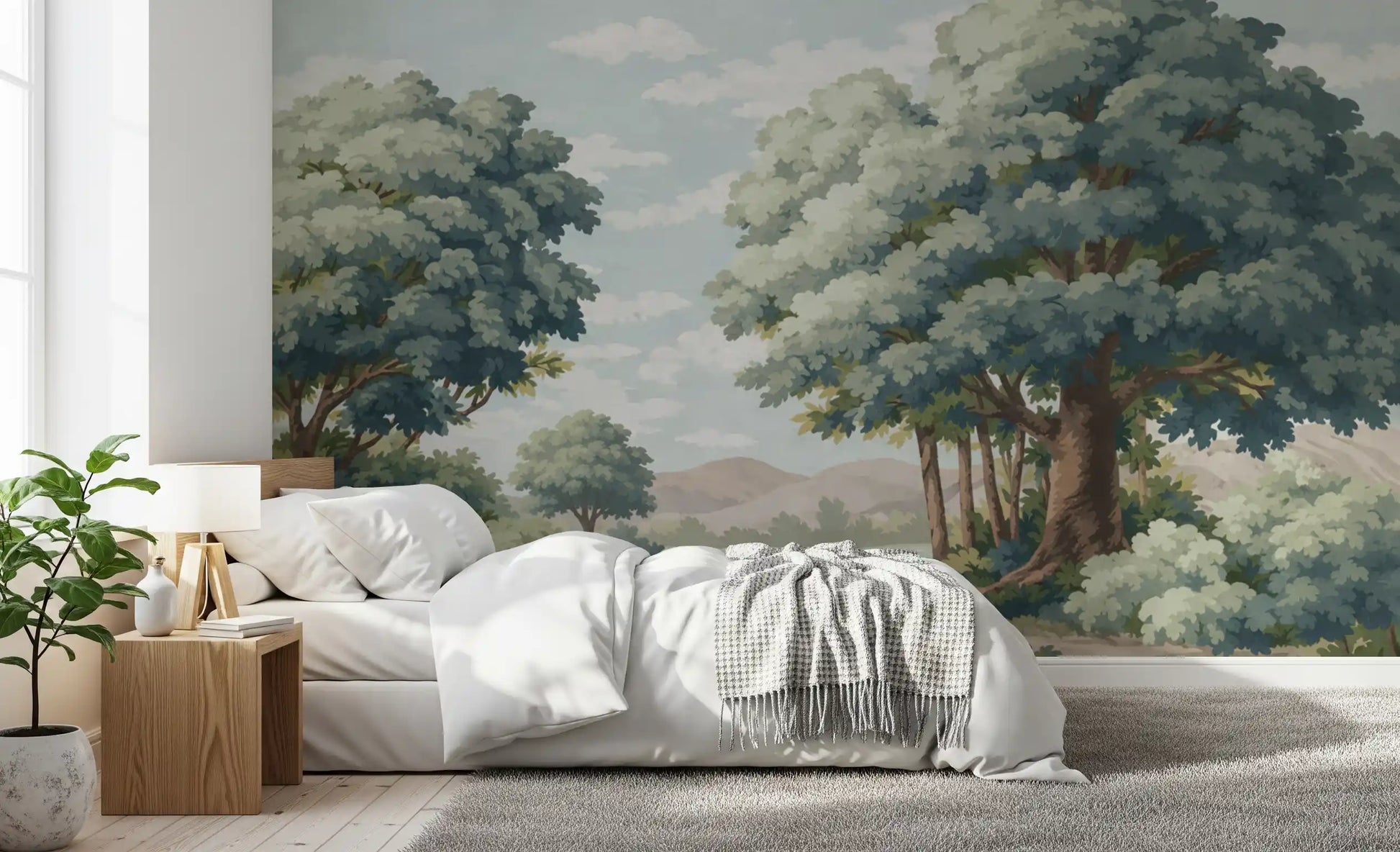 Verdant Horizon Lake Wall Mural with green trees and calm lake.