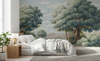 Verdant Horizon Lake Wall Mural with green trees and calm lake.