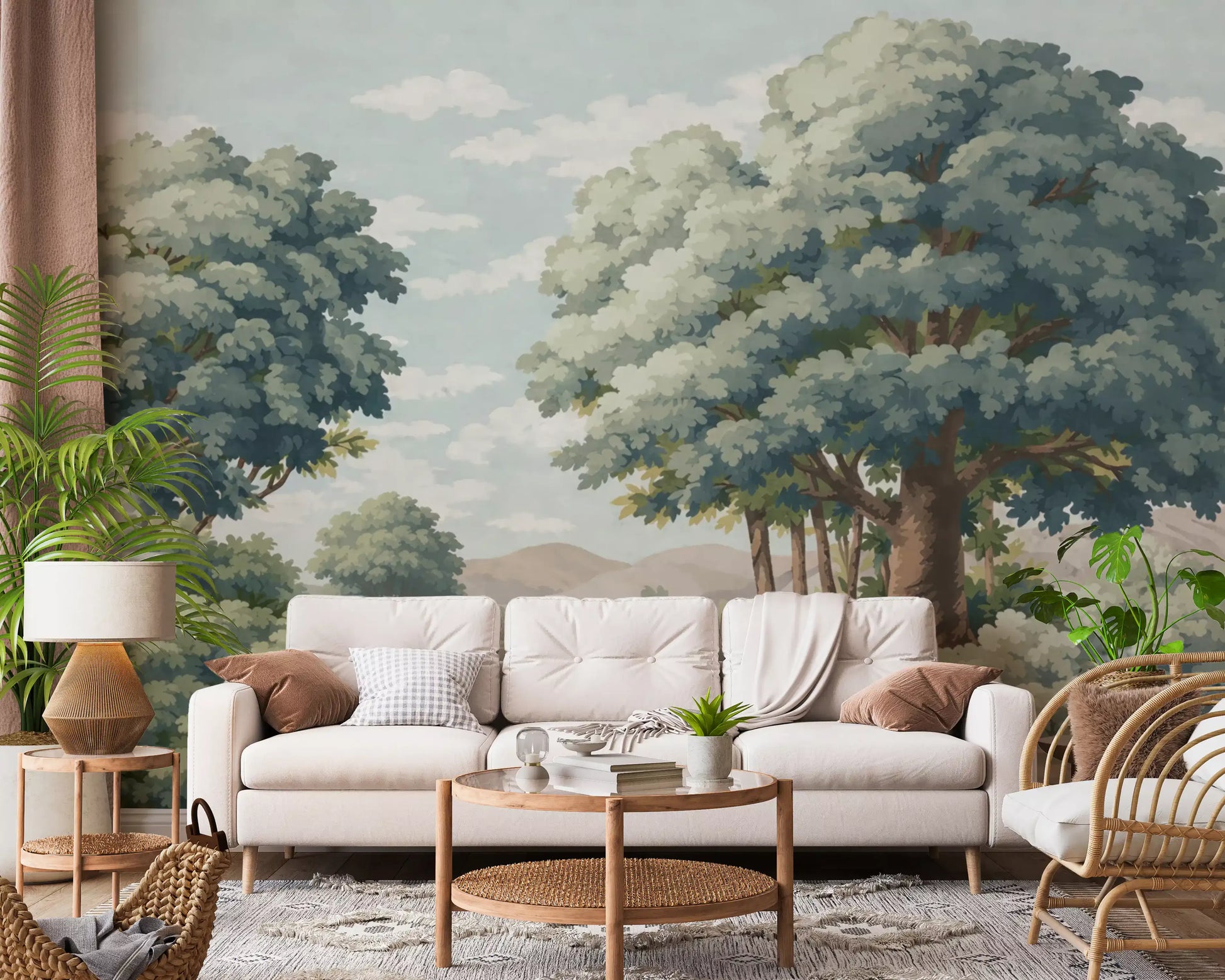 Painterly nature wall mural featuring layered green leaves.