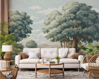 Painterly nature wall mural featuring layered green leaves.