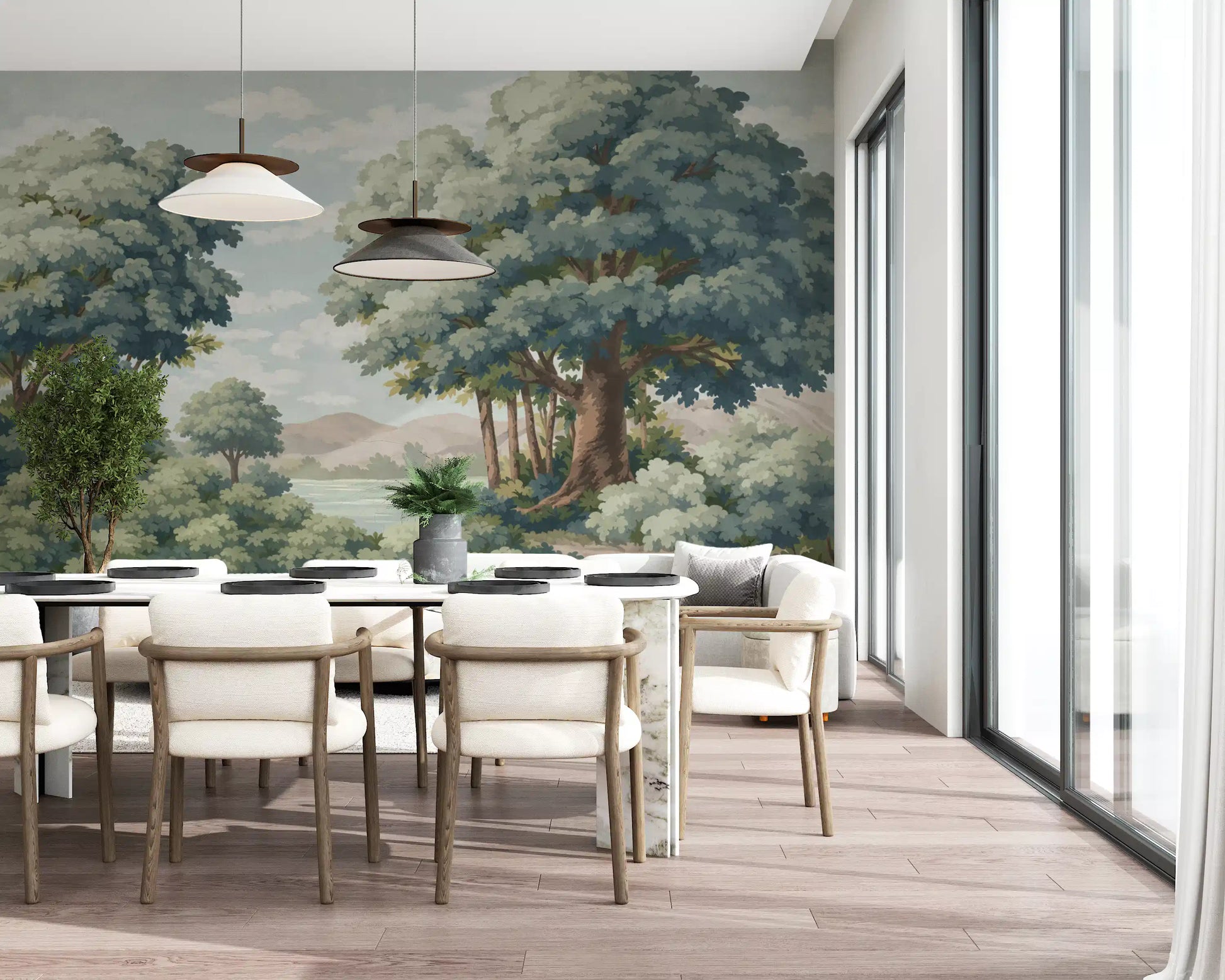 Vintage landscape wall mural with rolling hills and oak trees.