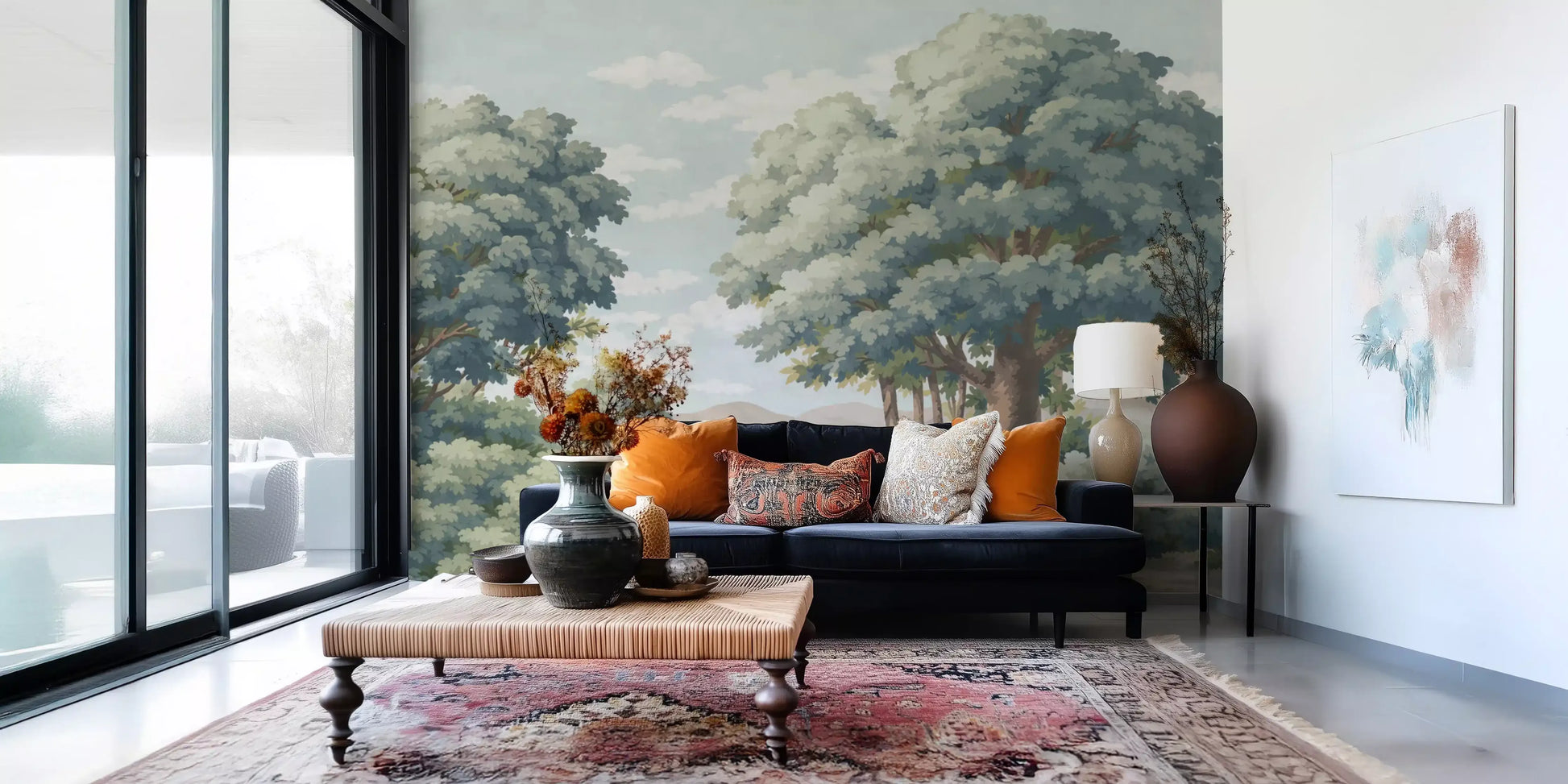 Painterly lake mural with sage green foliage and pale blue sky.