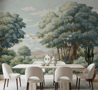 Tree and lake wall mural displayed in a dining room with scenic forest view.