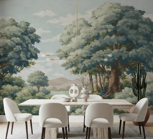 Tree and lake wall mural displayed in a dining room with scenic forest view.